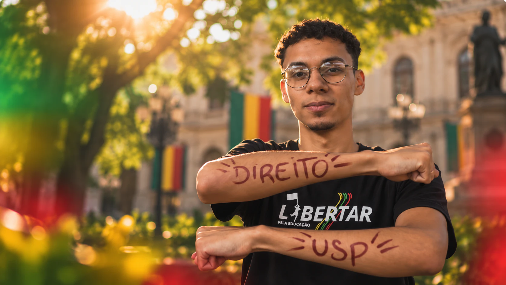 Jovem estudante da Rede Libertar com Direito e USP escritos nos braços, ao pôr do sol